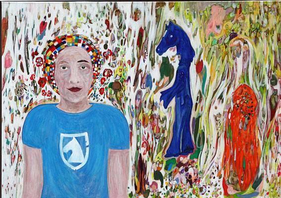 Gemaelde mit Selbstportrait in PonybarTshirt Pferdekostuem und Mohnblumen und Goldfisch